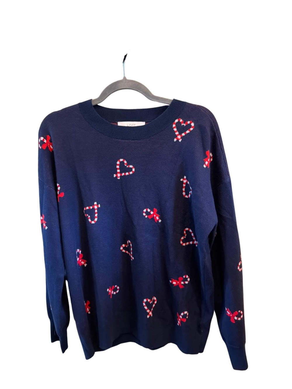 LOFT Navy Crewneck Sweater with Red & White Heart Motif
